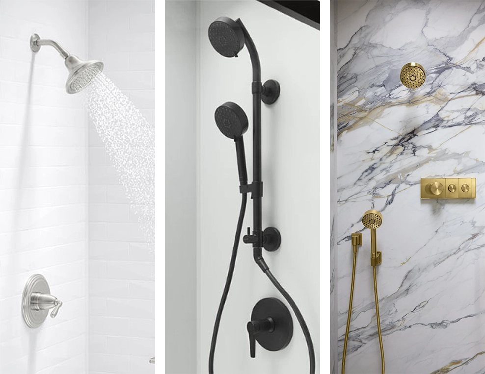 Shower faucets and sprays in chrome, black, and gold finishes