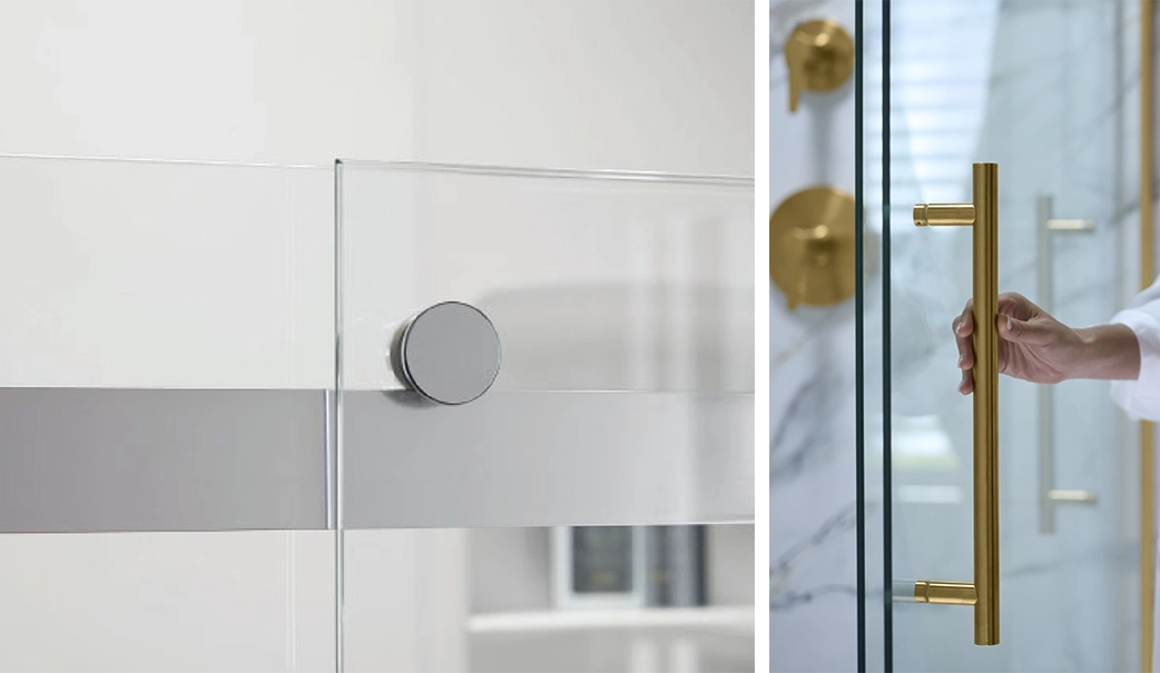 Close-up views of a shower door knob and a gold shower door handle