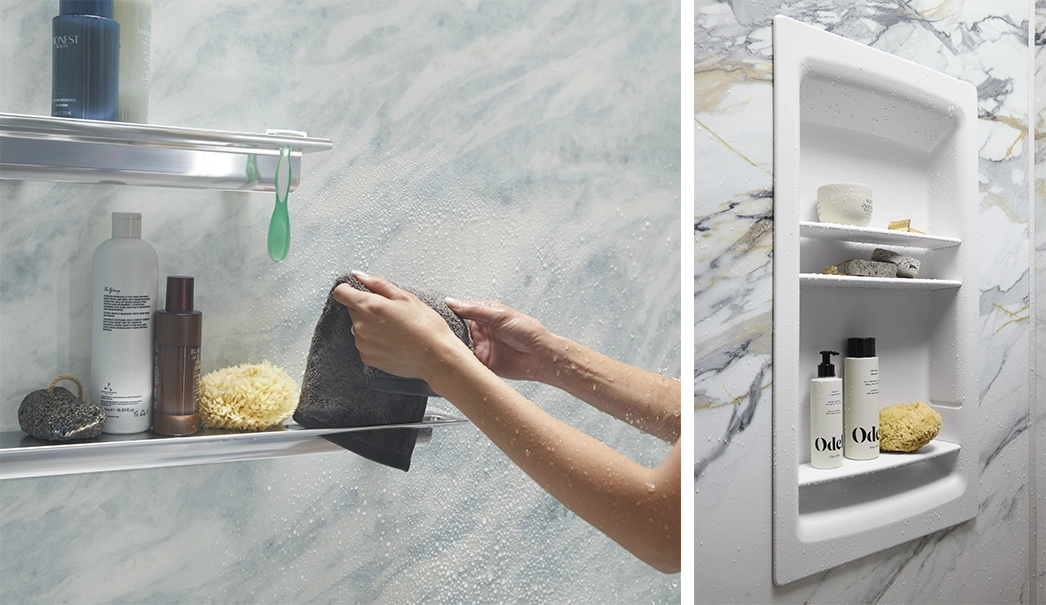 Shower shelving and recessed storage for bathing essentials