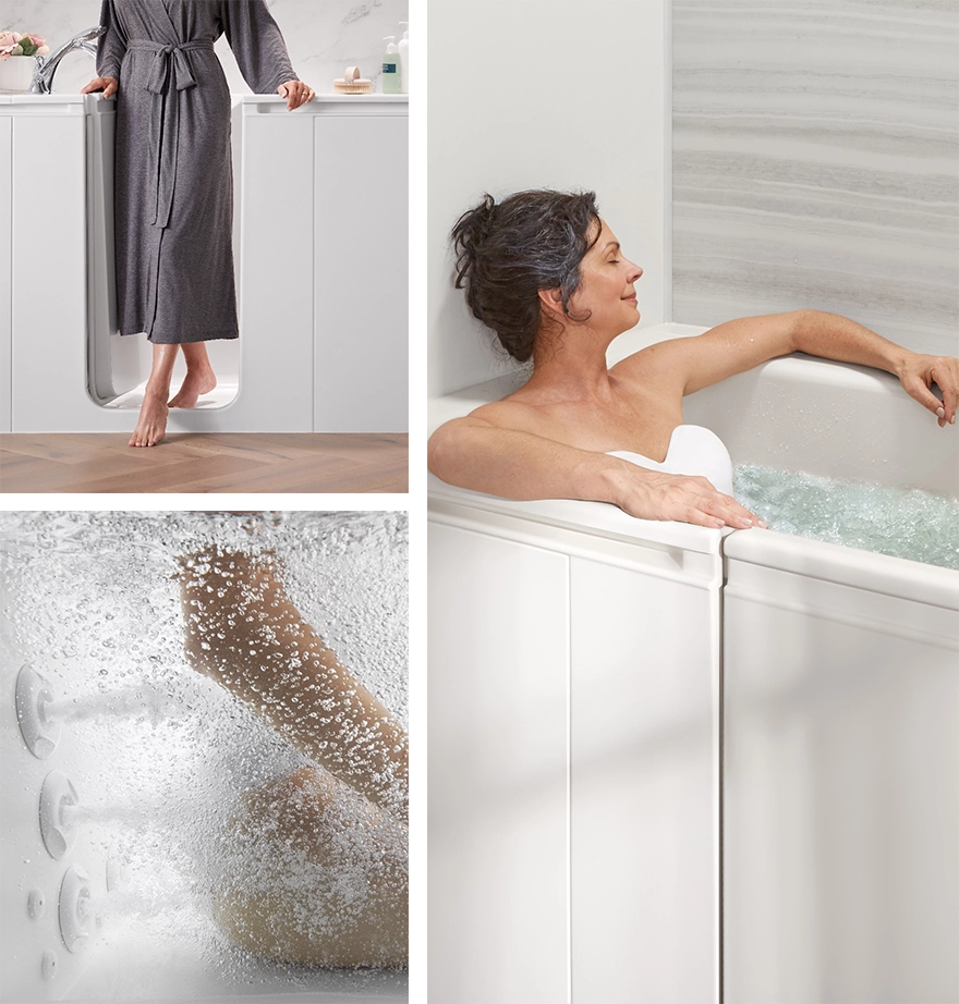 Easy-entry walk-in bath, soothing jets, and a comfortable bathing seat