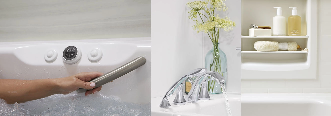 Walk-in bath handrail, faucet finishes, and built-in storage