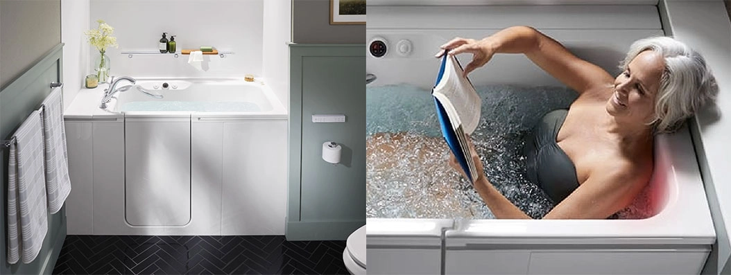 A walk-in bath in a finished bathroom and a woman relaxing in her bath